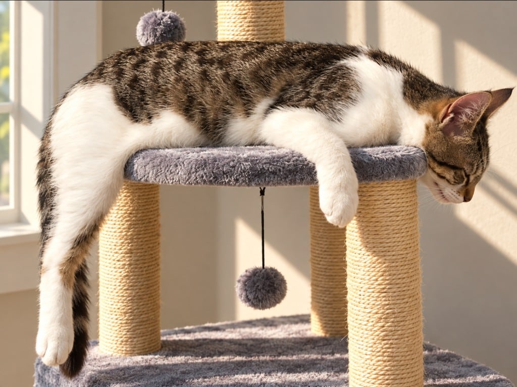 Cat sprawled asleep across a cat tree with its legs hanging over the sides