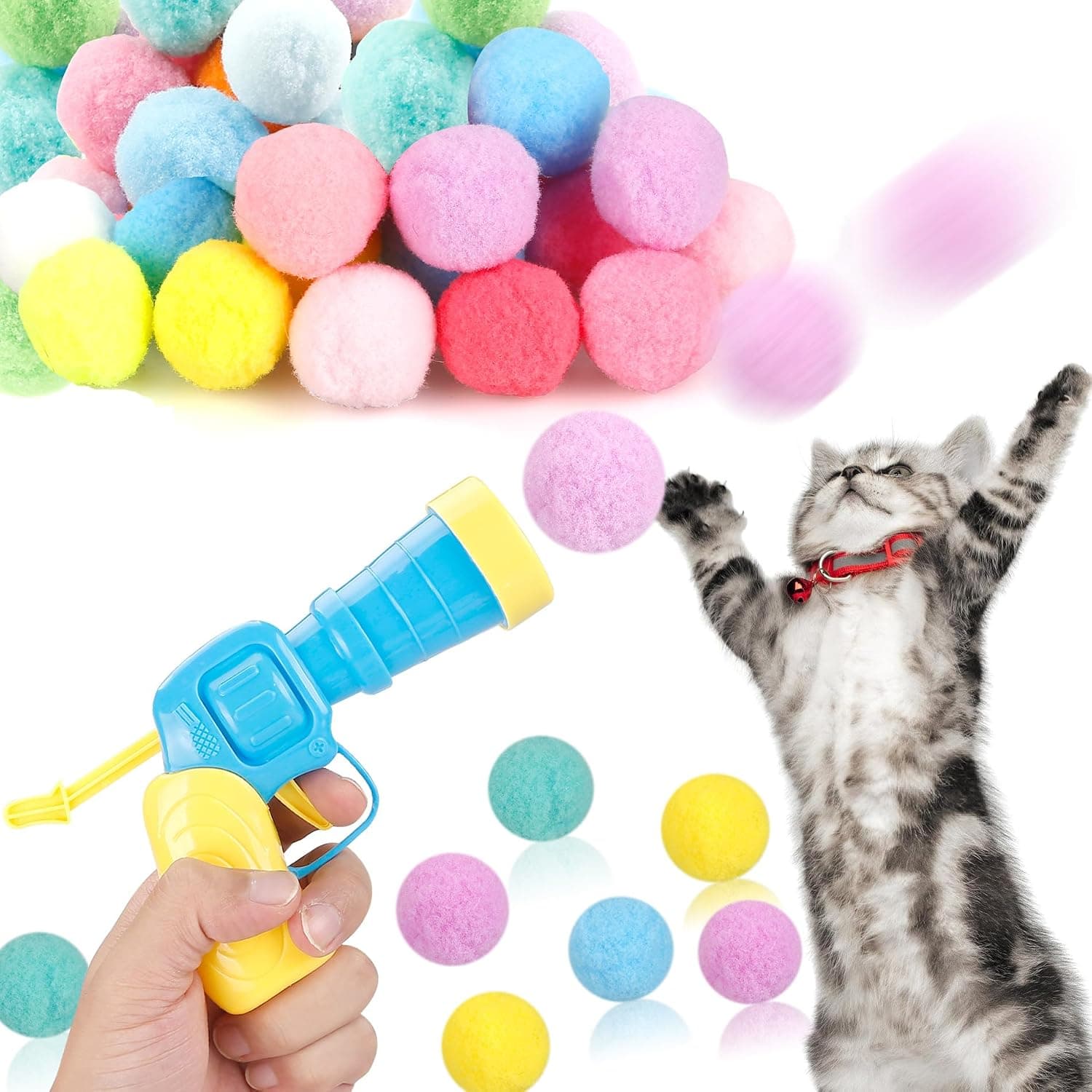 Official product photo of the MeoHui cat ball launcher with plush balls