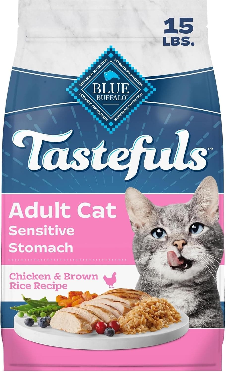Official product photo of Blue Buffalo Tastefuls Chicken Adult Sensitive Stomach dry cat food 15 lb bag
