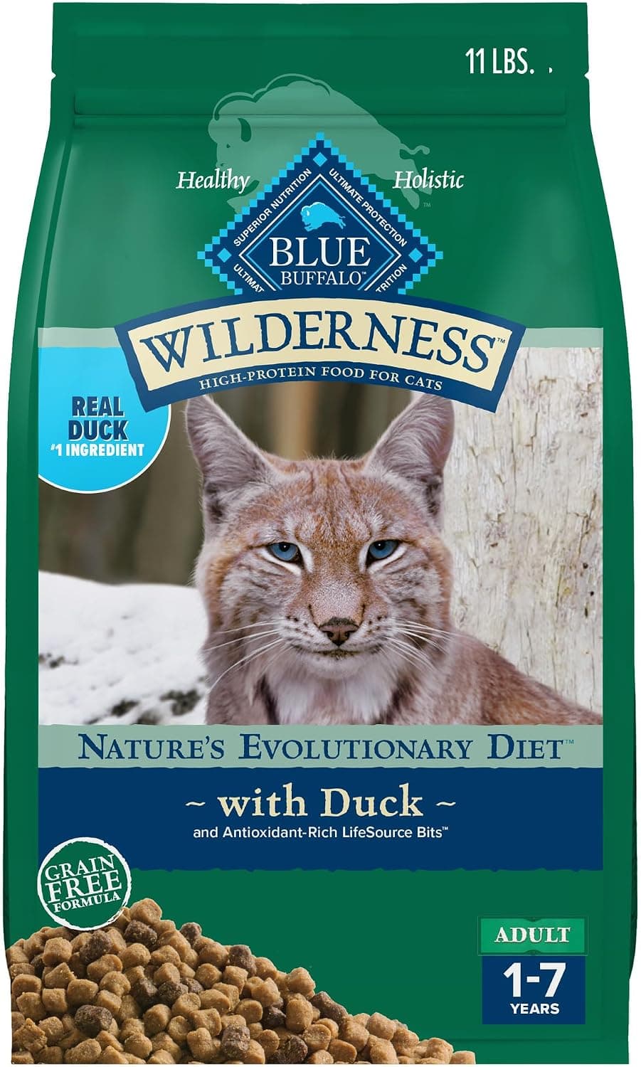 Official product photo of Blue Buffalo Wilderness Duck adult dry cat food 11 lb bag
