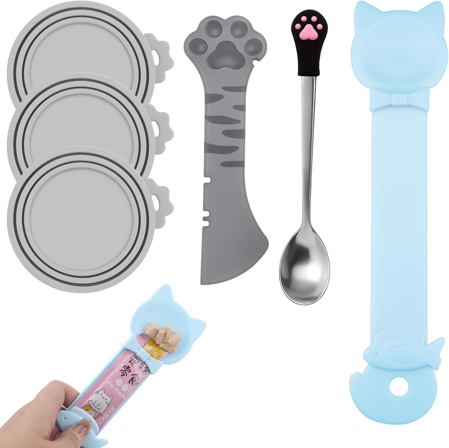Official product photo of a blue six-piece cat food can covers and feeding tools set