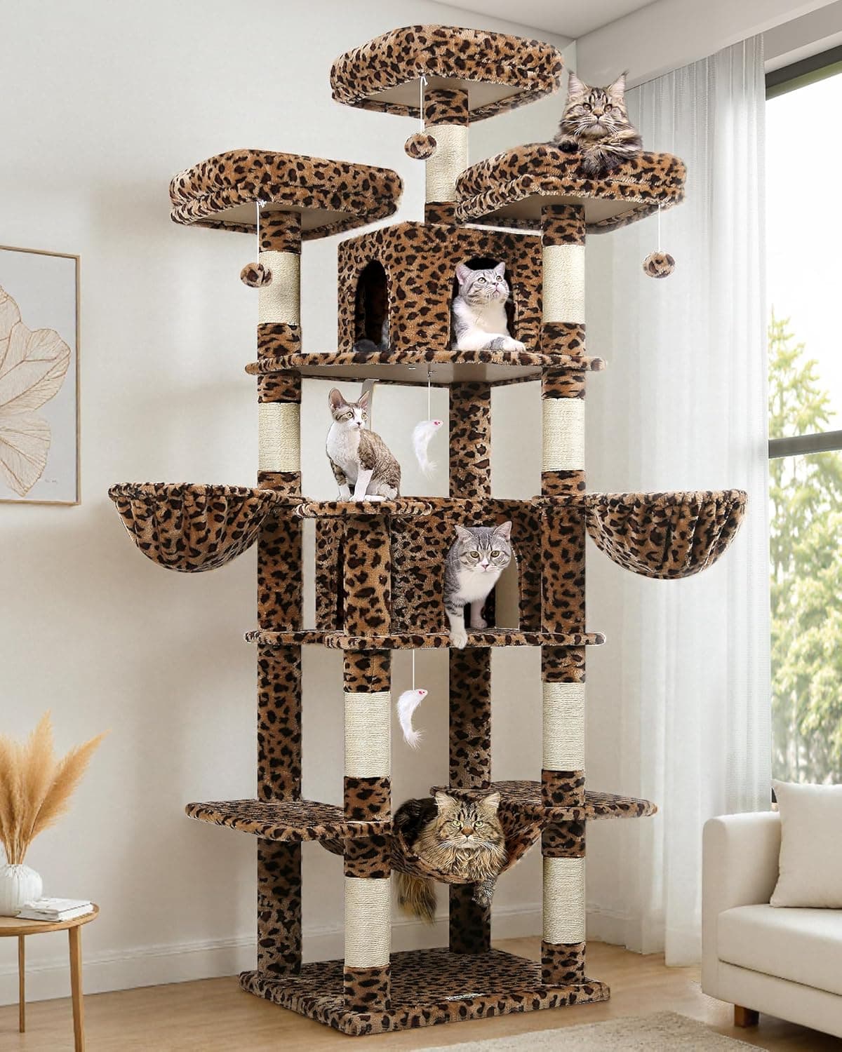 Official product photo of a tall leopard-print cat tree with multiple cats