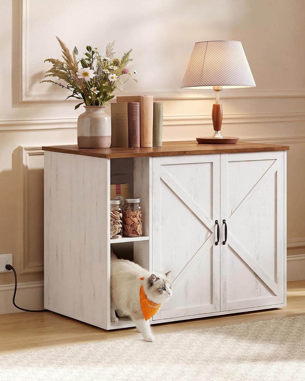 Official product photo of a Feandrea hidden litter box enclosure with power outlet