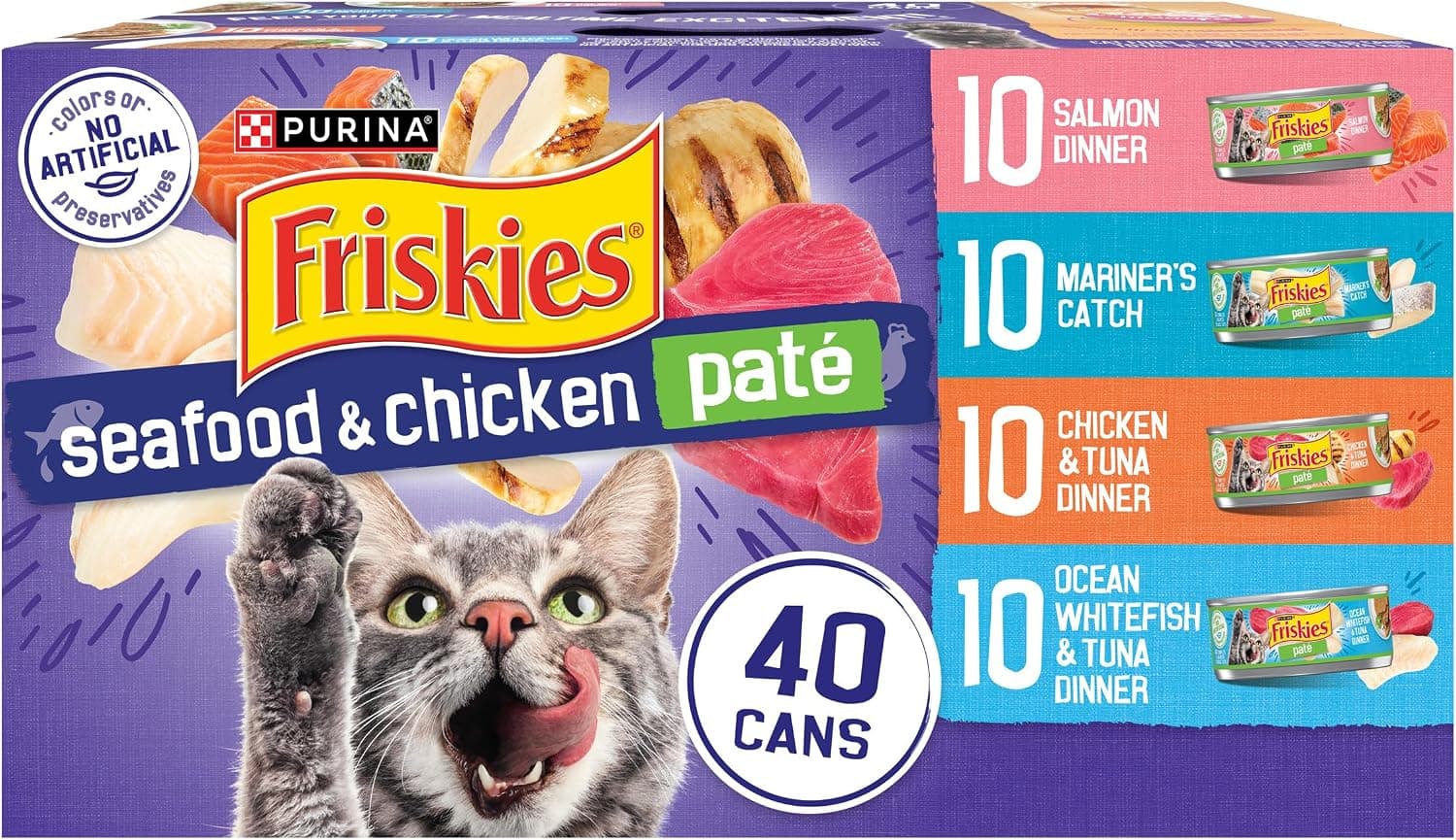 Official product photo of Purina Friskies pâté wet cat food seafood and chicken variety pack