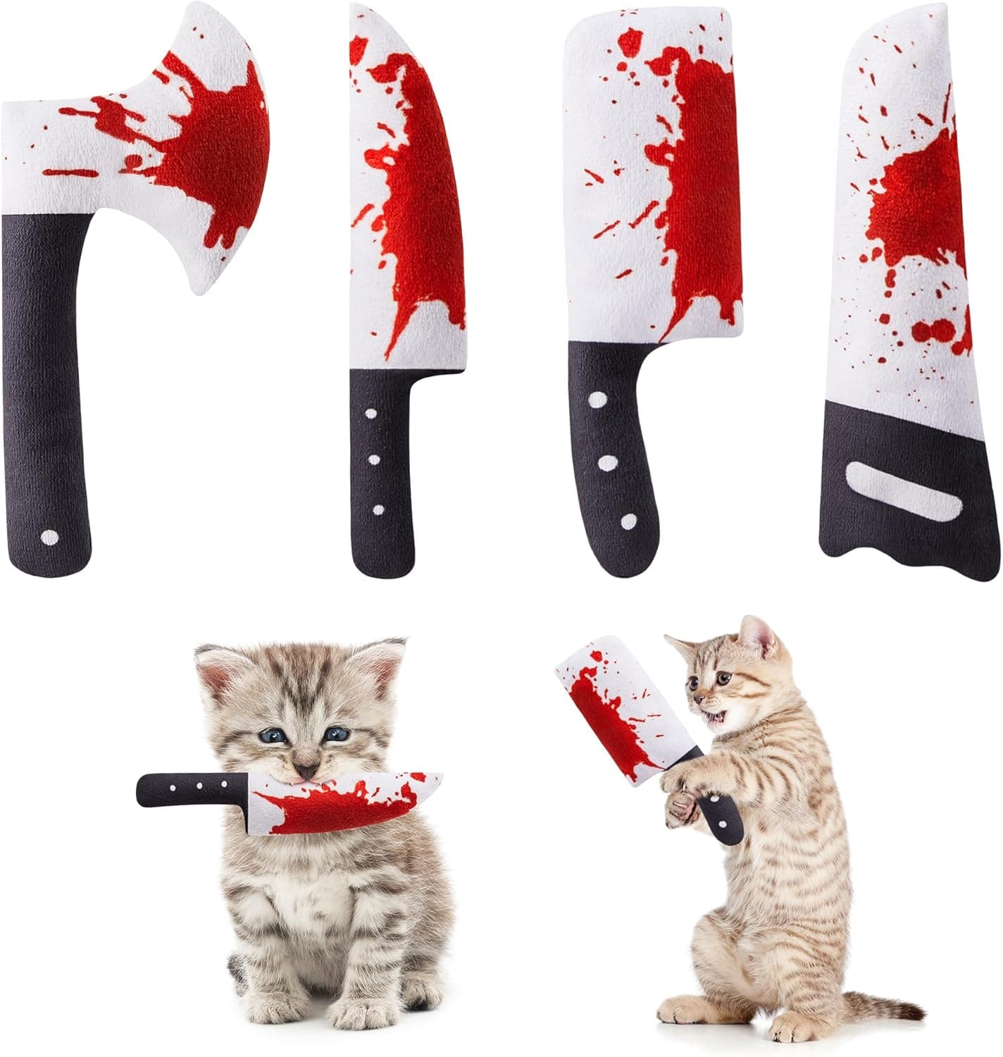 Official product photo of four plush blood-splatter knife cat toys