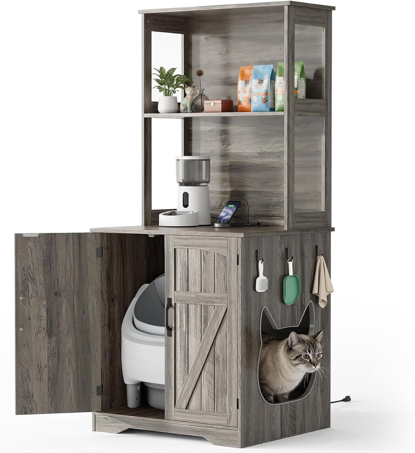 Official product photo of a gray hidden litter box cabinet with shelves