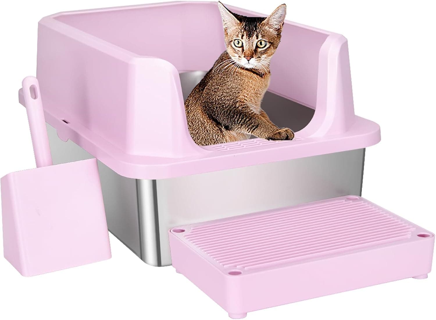 Official product photo of an open high-wall stainless steel litter box
