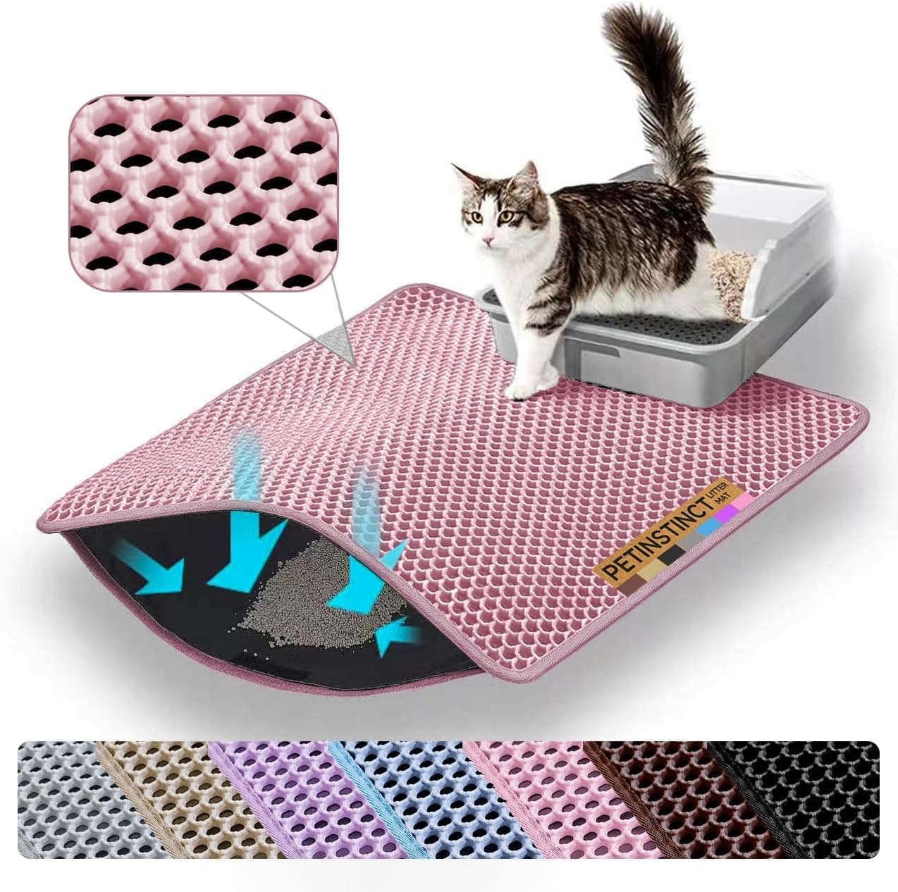 Official product photo of a pink Petinstinct double-layer honeycomb cat litter mat