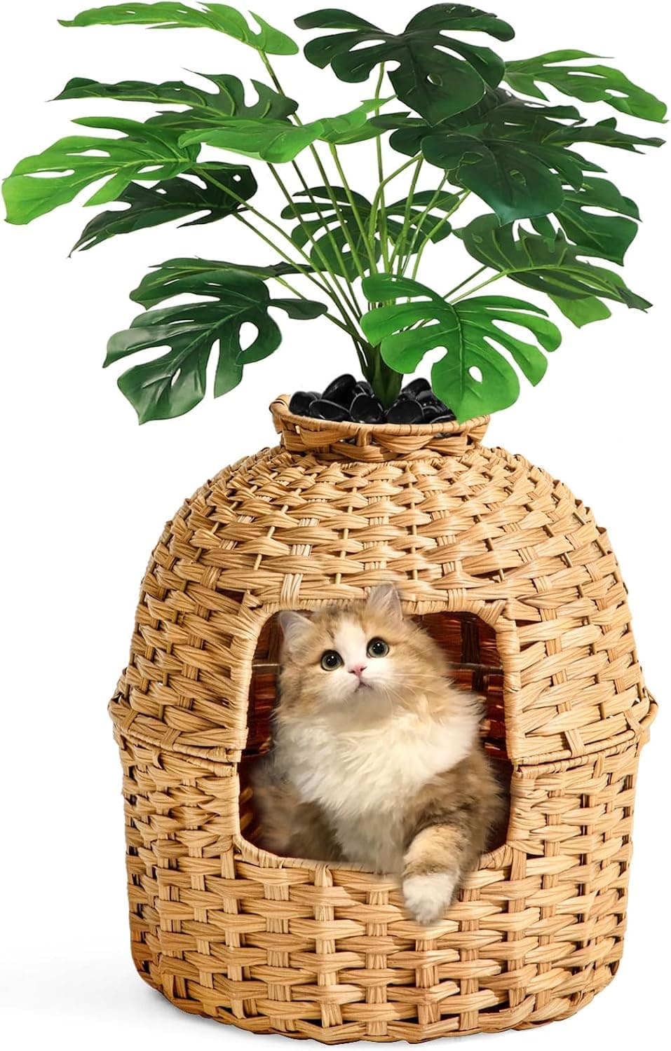 Official product photo of a rattan plant-style cat litter box enclosure