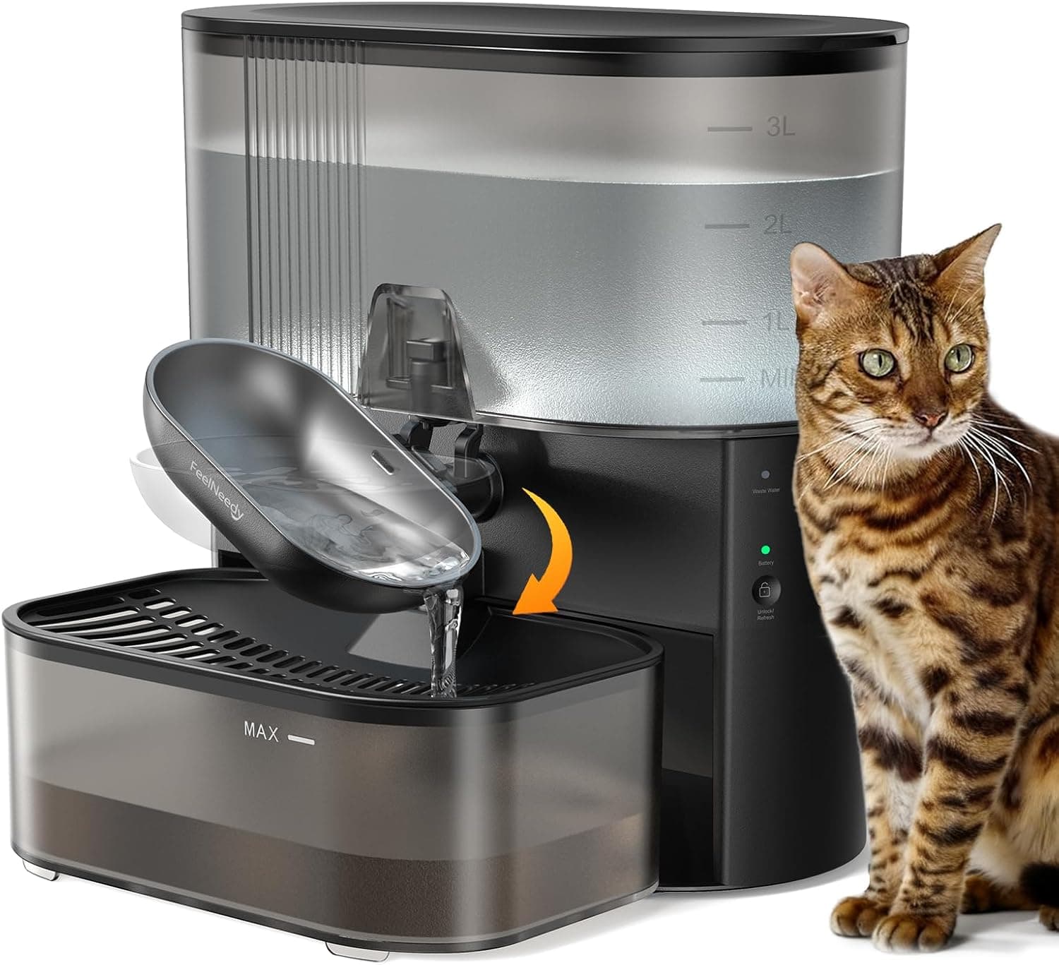 Official product photo of a wireless stainless steel cat water fountain